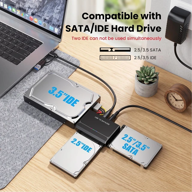 Alt view image 2 of 7 - SATA IDE to USB 3.0 Adapter for 2.5 3.5" SSD HDD Hard Drive Reader 5Gbps | USB-C/USB-A Hard Drive Adapter, up to 6TB, UASP Support, Includes 12V Power Supply, Plug and Play