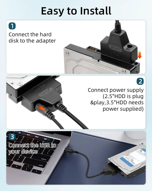 Alt view image 6 of 6 - GELRHONR SATA to Type C and USB 3.0 Adapter Cable, 2 in 1 USB A + Type C to 3.5" 2.5" SSD/HDD Hard Drive Adapter with 12V/2A DC Power Supply Cable, 11.8Inch (USB C/A)