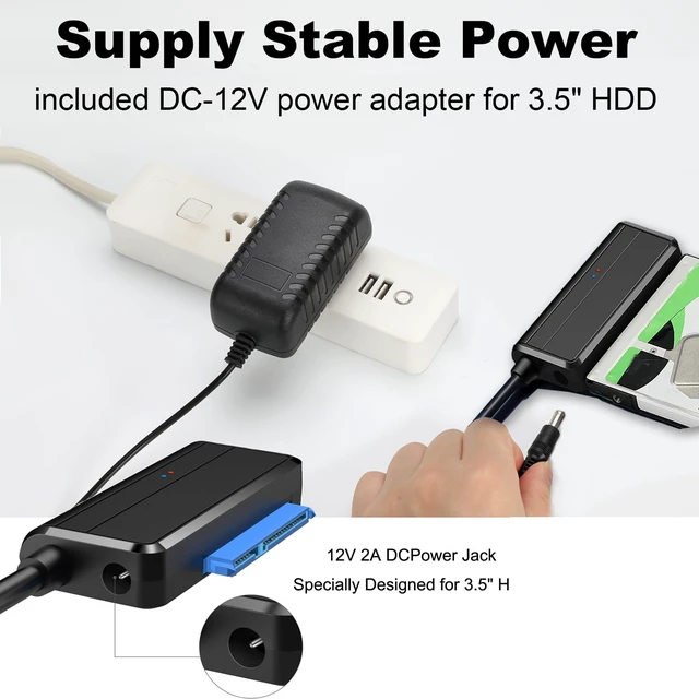Alt view image 3 of 7 - EYOOLD SATA to USB Cable USB 3.0 to 2.5 3.5 inch Hard Drive Adapter External Converter for SSD/HDD Data Transfer, with 12V/2A Power Supply, Support UASP, Black