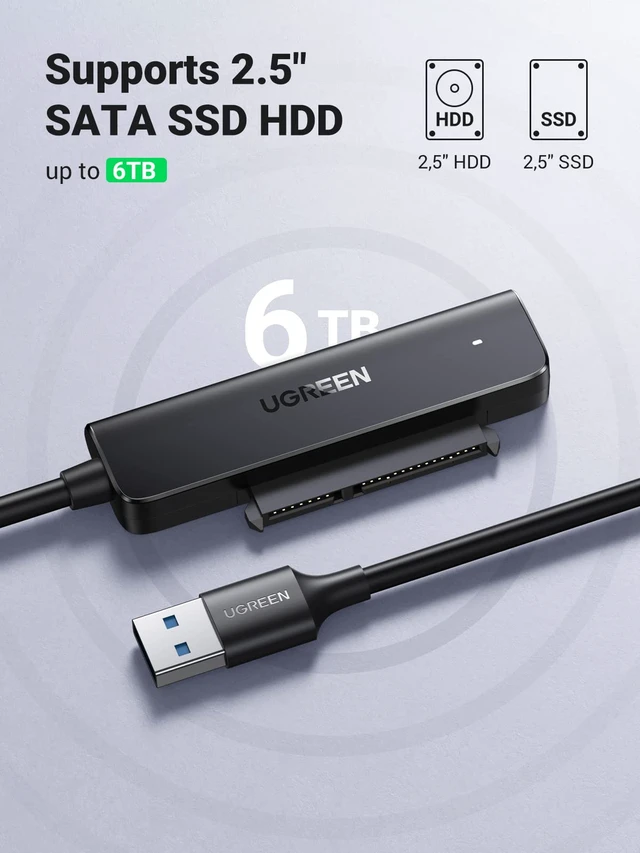 Alt view image 3 of 7 - UGREEN SATA to USB 3.0 Adapter Cable,5Gbps UASP, for 2.5 Inch SSDs and HDDs | 5Gbps SATA to USB 3.0 hard drive reader for 2.5-inch SSDs and HDDs with UASP, SMART and TRIM for cloning and backups