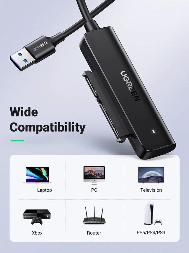 Alt view image 5 of 7 - UGREEN SATA to USB 3.0 Adapter Cable,5Gbps UASP, for 2.5 Inch SSDs and HDDs | 5Gbps SATA to USB 3.0 hard drive reader for 2.5-inch SSDs and HDDs with UASP, SMART and TRIM for cloning and backups