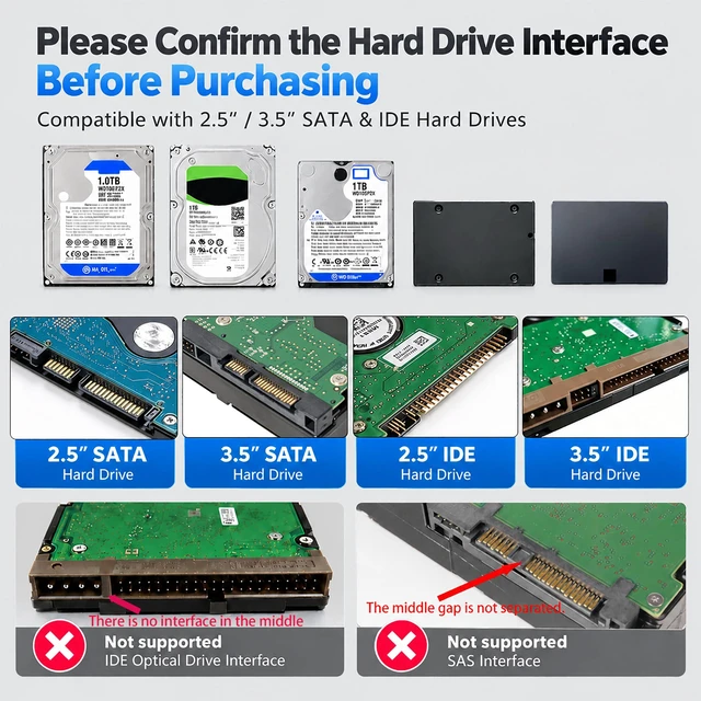Alt view image 3 of 7 - Hard Drive Reader USB 3.0 & Type C to SATA IDE Adapter, Data Recovery Kit | External Converter for 2.5"/3.5" HDD/SSD, Internal Hard Disk and Blu-ray Drive, Up to 20TB, with 12V/2A Power Supply