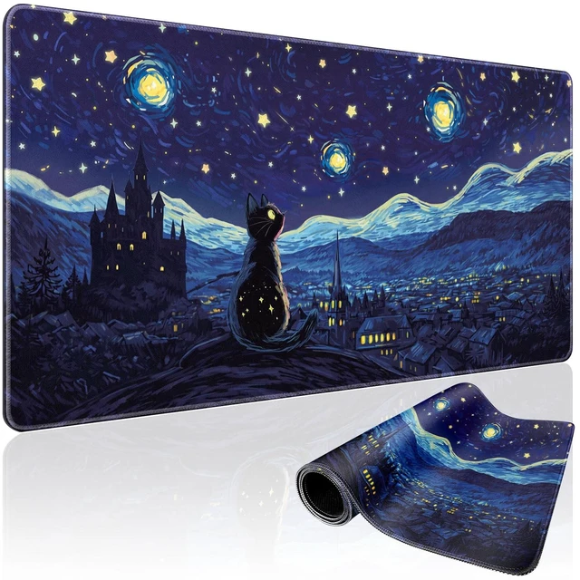 Main image of Mcapirivo Starry Night Cat Large Gaming Mouse Pad Desk Mat 31.5"x15.7" | Extended Mousepad, Non-Slip Rubber Base , Stitched Edges, for Computer/Laptop/Office/Home