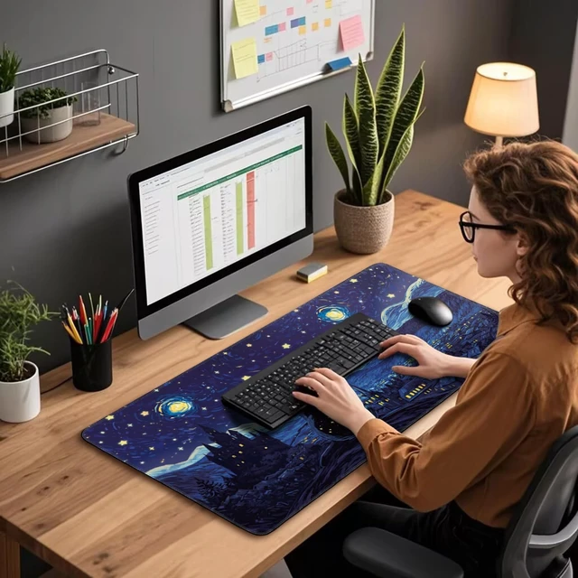 Alt view image 3 of 7 - Mcapirivo Starry Night Cat Large Gaming Mouse Pad Desk Mat 31.5"x15.7" | Extended Mousepad, Non-Slip Rubber Base , Stitched Edges, for Computer/Laptop/Office/Home