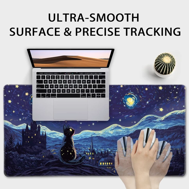 Alt view image 6 of 7 - Mcapirivo Starry Night Cat Large Gaming Mouse Pad Desk Mat 31.5"x15.7" | Extended Mousepad, Non-Slip Rubber Base , Stitched Edges, for Computer/Laptop/Office/Home
