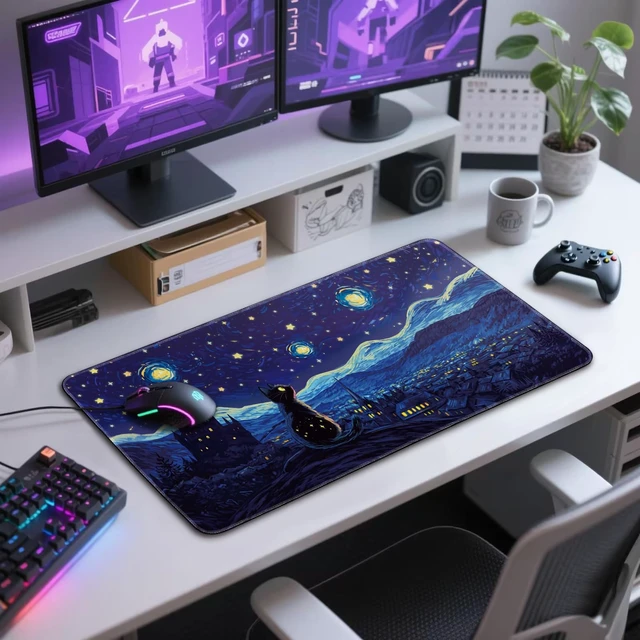 Alt view image 7 of 7 - Mcapirivo Starry Night Cat Large Gaming Mouse Pad Desk Mat 31.5"x15.7" | Extended Mousepad, Non-Slip Rubber Base , Stitched Edges, for Computer/Laptop/Office/Home