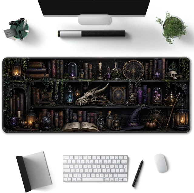 Alt view image 2 of 7 - Magic Library Mouse Pad, XL 31.5"x11.8" Big Gaming Mousepad, Enchanted Bookshelf Large Extended Keyboard Desk Mat, Waterproof Non-Slip Rubber Base with Stitched Edges for Gaming Office Home Decor