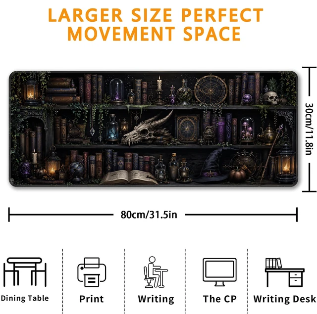 Alt view image 3 of 7 - Magic Library Mouse Pad, XL 31.5"x11.8" Big Gaming Mousepad, Enchanted Bookshelf Large Extended Keyboard Desk Mat, Waterproof Non-Slip Rubber Base with Stitched Edges for Gaming Office Home Decor