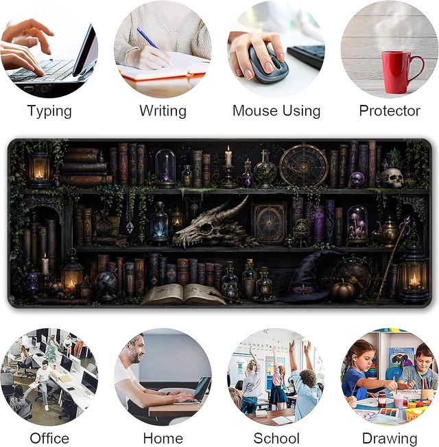Alt view image 6 of 7 - Magic Library Mouse Pad, XL 31.5"x11.8" Big Gaming Mousepad, Enchanted Bookshelf Large Extended Keyboard Desk Mat, Waterproof Non-Slip Rubber Base with Stitched Edges for Gaming Office Home Decor