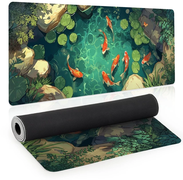Main image of Large Gaming Mouse Pad, Desk Mat, XL Extended Big Mousepad with Non-Slip Rubber Base Stitched Edges, Computer Keyboard Mat for Office Home, 31.5x11.8in, Japanese Koi Fish Pond