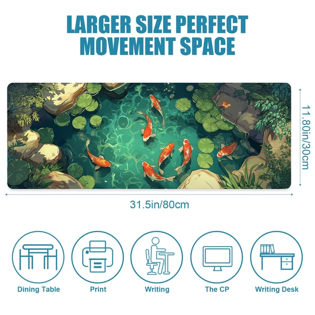 Alt view image 2 of 7 - Large Gaming Mouse Pad, Desk Mat, XL Extended Big Mousepad with Non-Slip Rubber Base Stitched Edges, Computer Keyboard Mat for Office Home, 31.5x11.8in, Japanese Koi Fish Pond