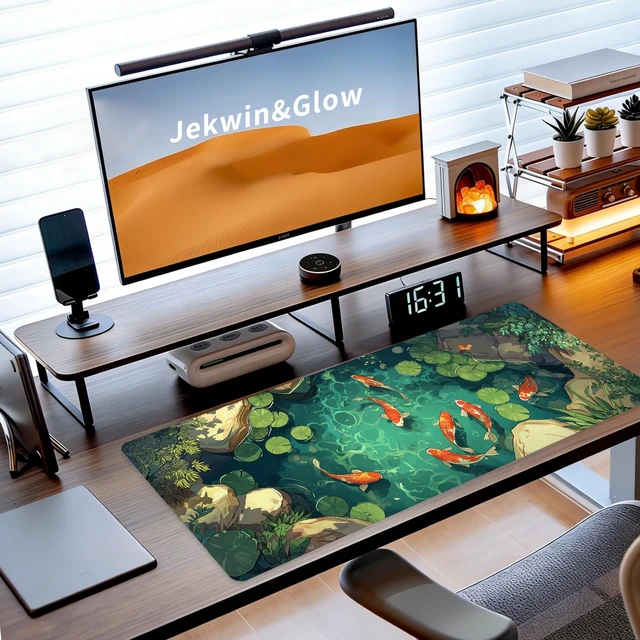 Alt view image 3 of 7 - Large Gaming Mouse Pad, Desk Mat, XL Extended Big Mousepad with Non-Slip Rubber Base Stitched Edges, Computer Keyboard Mat for Office Home, 31.5x11.8in, Japanese Koi Fish Pond
