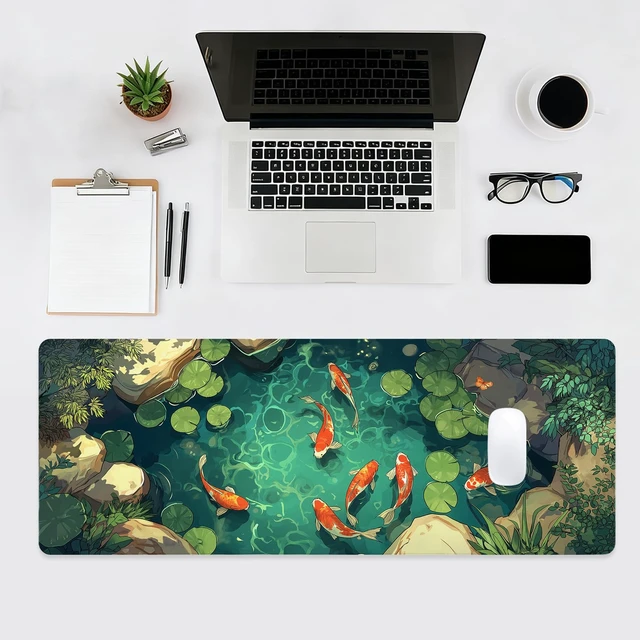 Alt view image 4 of 7 - Large Gaming Mouse Pad, Desk Mat, XL Extended Big Mousepad with Non-Slip Rubber Base Stitched Edges, Computer Keyboard Mat for Office Home, 31.5x11.8in, Japanese Koi Fish Pond