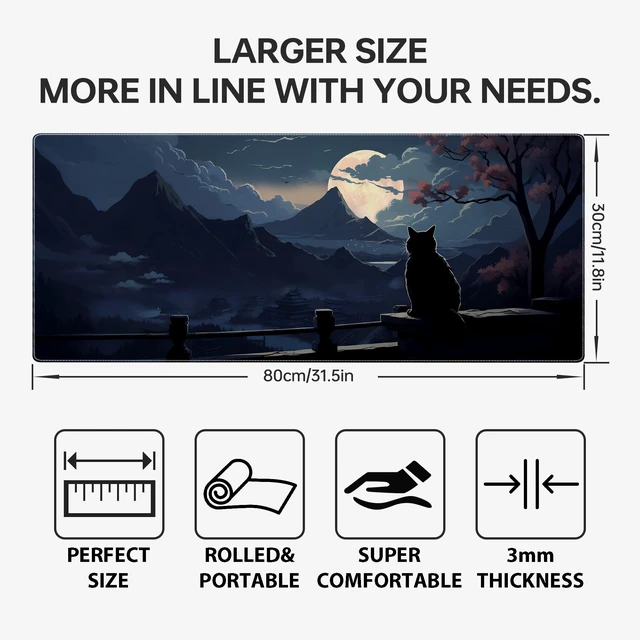 Alt view image 2 of 7 - Moon Cat Large Gaming Mouse Pad,Black XL Mouse Pad Gaming 31.5 x 11.8 in Mouse Mat Desk Pad,Large Desk Mat,Extended Keyboard Pad Mousepad with Non-Slip Base and Stitched Edge for Office Home Gaming