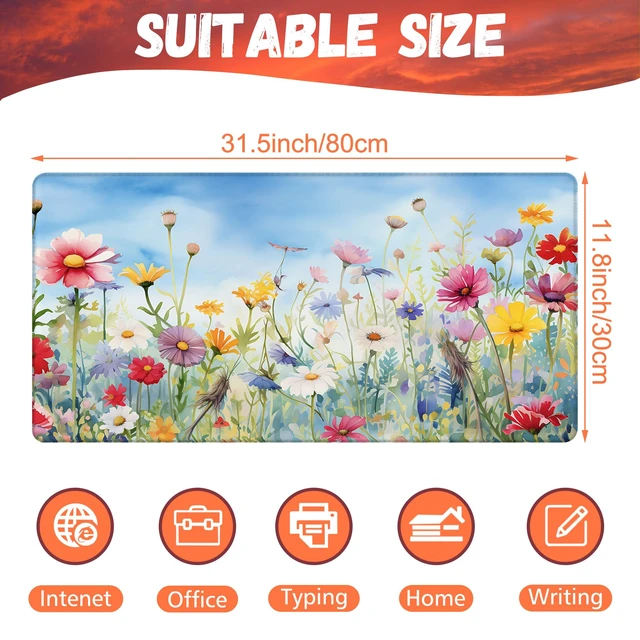Alt view image 2 of 7 - KOAIWPAE Large Gaming Mouse Pad, Colorful Wildflowers in Field Desk Mat, Watercolor Flowers Desk Pad, 31.5"x15.7" Extended Big Computer Keyboard Mouse Pad with Non-Slip Base and Stitched Edge