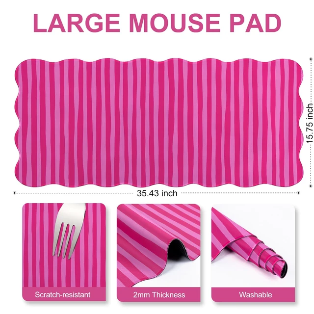 Alt view image 5 of 7 - L-SPOUTTO Hot Pink Striped Mouse Pad,Scalloped Desk Mat XXL Large Geometric Gaming Mousepad,35.4x15.7in Non-Slip Rubber Base Keyboard Pad Waterproof Desktop Mat for Laptop Computer Game Home Office