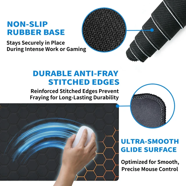 Alt view image 3 of 7 - Extended Honeycomb Desk Mat, XXL Large Gaming Mouse Pad, Gold Glowing Pattern Stitched Edges Waterproof Non-Slip Rubber Base for Computer Keyboard Laptop Work Home Office 35.4"x15.7"