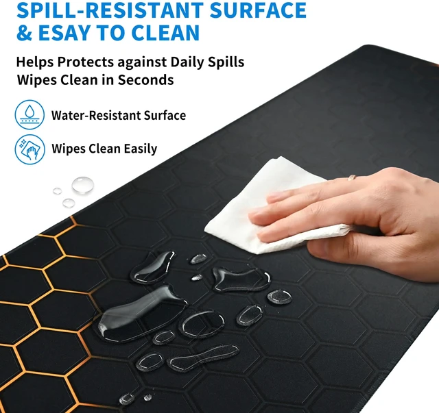 Alt view image 4 of 7 - Extended Honeycomb Desk Mat, XXL Large Gaming Mouse Pad, Gold Glowing Pattern Stitched Edges Waterproof Non-Slip Rubber Base for Computer Keyboard Laptop Work Home Office 35.4"x15.7"