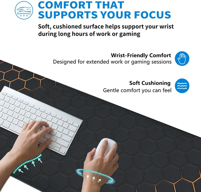 Alt view image 6 of 7 - Extended Honeycomb Desk Mat, XXL Large Gaming Mouse Pad, Gold Glowing Pattern Stitched Edges Waterproof Non-Slip Rubber Base for Computer Keyboard Laptop Work Home Office 35.4"x15.7"