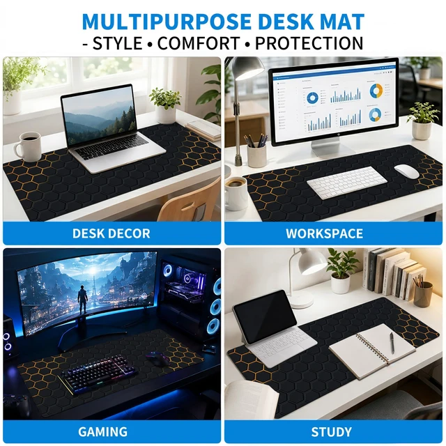 Alt view image 7 of 7 - Extended Honeycomb Desk Mat, XXL Large Gaming Mouse Pad, Gold Glowing Pattern Stitched Edges Waterproof Non-Slip Rubber Base for Computer Keyboard Laptop Work Home Office 35.4"x15.7"