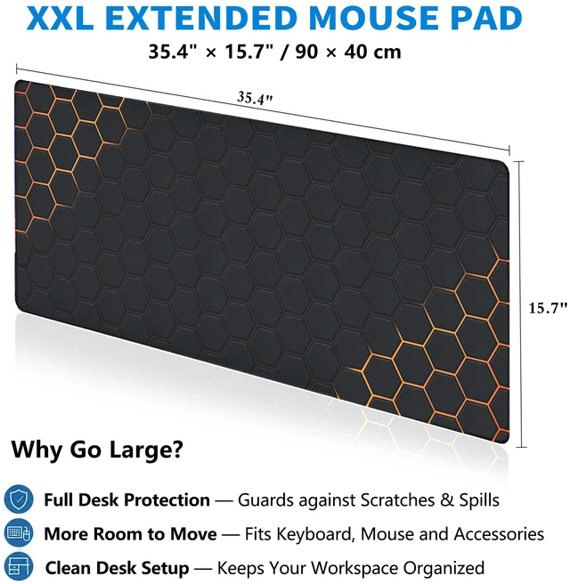 Alt view image 5 of 7 - Extended Honeycomb Desk Mat, XXL Large Gaming Mouse Pad, Gold Glowing Pattern Stitched Edges Waterproof Non-Slip Rubber Base for Computer Keyboard Laptop Work Home Office 35.4"x15.7"