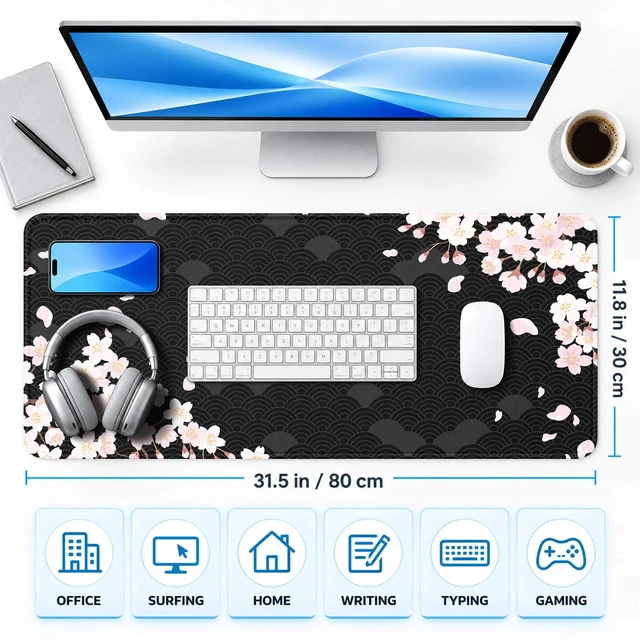 Alt view image 2 of 7 - Gaming Mouse Pad For Office Decor, 31.5 X 11.8 In, Non-slip, Cherry Blssom | Waterproof Large Desk Mat With Stitched Edges, Smooth Desk Matt For Desktop, Office Work , Gaming And Home Desk