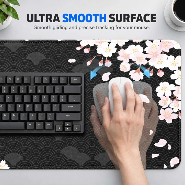 Alt view image 4 of 7 - Gaming Mouse Pad For Office Decor, 31.5 X 11.8 In, Non-slip, Cherry Blssom | Waterproof Large Desk Mat With Stitched Edges, Smooth Desk Matt For Desktop, Office Work , Gaming And Home Desk