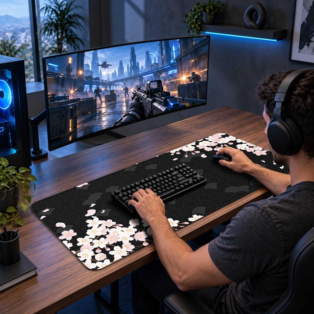 Alt view image 3 of 7 - Gaming Mouse Pad For Office Decor, 31.5 X 11.8 In, Non-slip, Cherry Blssom | Waterproof Large Desk Mat With Stitched Edges, Smooth Desk Matt For Desktop, Office Work , Gaming And Home Desk