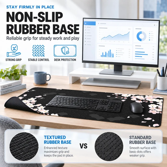 Alt view image 6 of 7 - Gaming Mouse Pad For Office Decor, 31.5 X 11.8 In, Non-slip, Cherry Blssom | Waterproof Large Desk Mat With Stitched Edges, Smooth Desk Matt For Desktop, Office Work , Gaming And Home Desk