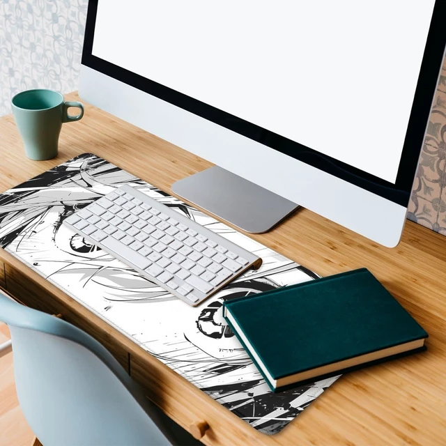 Alt view image 5 of 7 - Anime Mouse Pad Black White Manga Cute Girl Eye Large Desk Mat Extended Large Laptop Keyboard Non-Slip Rubber Base with Stitched Edges for Home 31.5 x 11.8 Mouse Pads for Desk Home Office Gaming