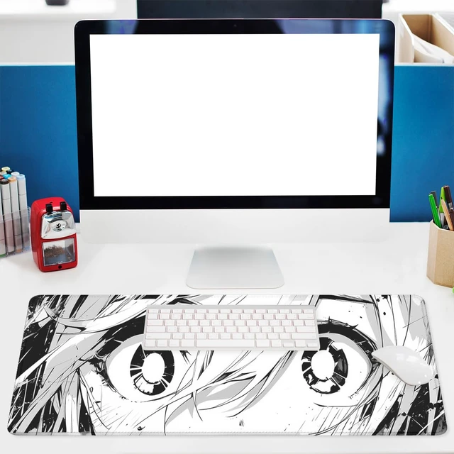 Alt view image 6 of 7 - Anime Mouse Pad Black White Manga Cute Girl Eye Large Desk Mat Extended Large Laptop Keyboard Non-Slip Rubber Base with Stitched Edges for Home 31.5 x 11.8 Mouse Pads for Desk Home Office Gaming