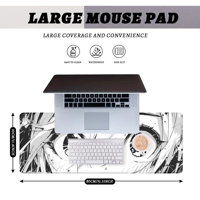 Alt view image 2 of 7 - Anime Mouse Pad Black White Manga Cute Girl Eye Large Desk Mat Extended Large Laptop Keyboard Non-Slip Rubber Base with Stitched Edges for Home 31.5 x 11.8 Mouse Pads for Desk Home Office Gaming