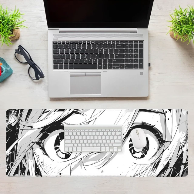 Alt view image 7 of 7 - Anime Mouse Pad Black White Manga Cute Girl Eye Large Desk Mat Extended Large Laptop Keyboard Non-Slip Rubber Base with Stitched Edges for Home 31.5 x 11.8 Mouse Pads for Desk Home Office Gaming