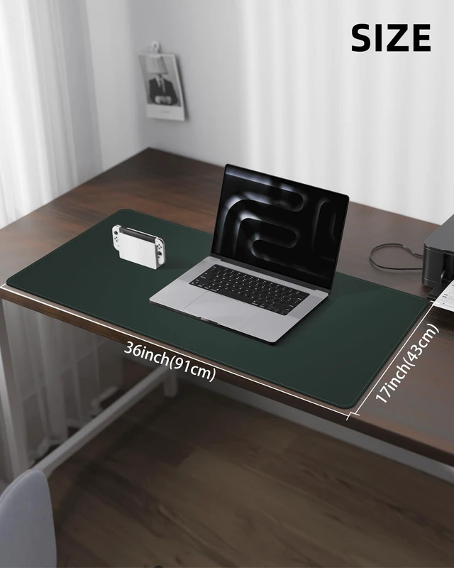 Alt view image 5 of 7 - Leather Desk Pad Protector, Large Mouse Pad and Non-Slip Mat, Waterproof PU Leather Blotter Mat for Office and Home (Dark Green, 36" x 17")