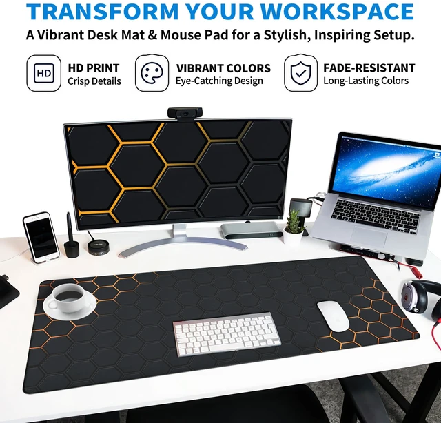 Alt view image 2 of 7 - Extended Honeycomb Desk Mat, XXL Large Gaming Mouse Pad, Gold Glowing Pattern Stitched Edges Waterproof Non-Slip Rubber Base for Computer Keyboard Laptop Work Home Office 35.4"x15.7"
