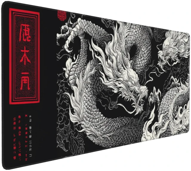 Main image of Large Gaming Mouse Pad with Dragon Design, Non-Slip, 35.4" x 15.7", Black and Red Japanese Style Desk Mat
