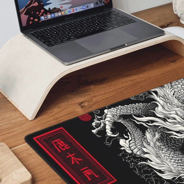 Alt view image 4 of 7 - Large Gaming Mouse Pad with Dragon Design, Non-Slip, 35.4" x 15.7", Black and Red Japanese Style Desk Mat