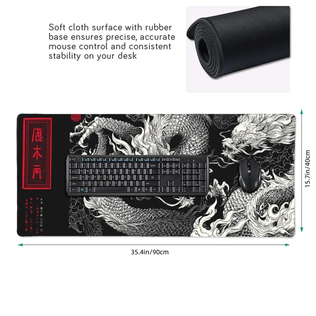 Alt view image 2 of 7 - Large Gaming Mouse Pad with Dragon Design, Non-Slip, 35.4" x 15.7", Black and Red Japanese Style Desk Mat