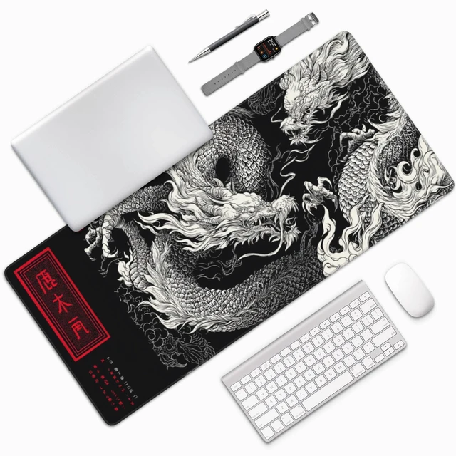 Alt view image 6 of 7 - Large Gaming Mouse Pad with Dragon Design, Non-Slip, 35.4" x 15.7", Black and Red Japanese Style Desk Mat