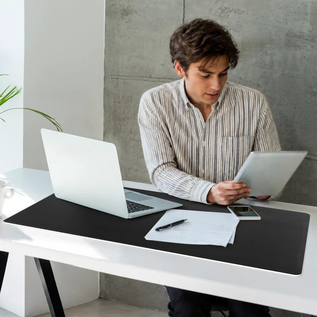 Alt view image 5 of 6 - Waterproof PU Leather Desk Mat, Large Mouse Pad, 31.5" x 15.7", Black | Office Desk Décor Accessories, Extended Size Desk Protector, Easy to Clean, Smooth Writing Pad, Non Slip Blotter Mat for Home