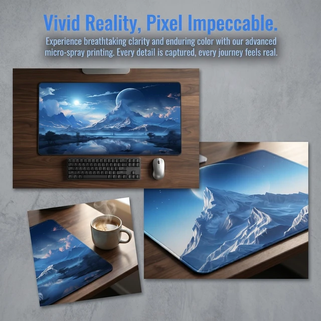 Alt view image 3 of 7 - OnengMu XXL Gaming Mouse Pad 23.6x11.8 inch, Snow Mountain Lake Landscape Theme Desk Mat, Riverside Starry Sky Moon Scene Large Mousepad,Fantasy Artistic Keyboard Mouse Mat (Snow Peak Lake View)