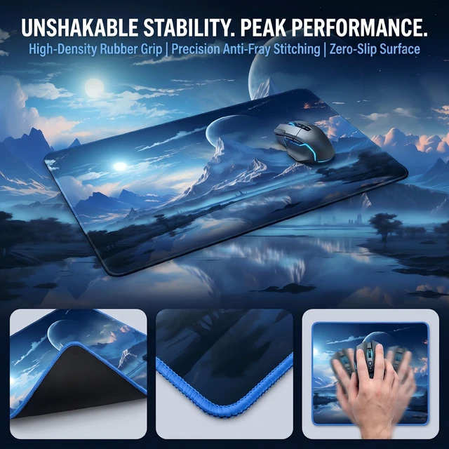 Alt view image 4 of 7 - OnengMu XXL Gaming Mouse Pad 23.6x11.8 inch, Snow Mountain Lake Landscape Theme Desk Mat, Riverside Starry Sky Moon Scene Large Mousepad,Fantasy Artistic Keyboard Mouse Mat (Snow Peak Lake View)