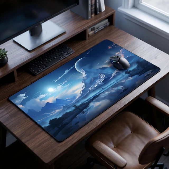 Alt view image 5 of 7 - OnengMu XXL Gaming Mouse Pad 23.6x11.8 inch, Snow Mountain Lake Landscape Theme Desk Mat, Riverside Starry Sky Moon Scene Large Mousepad,Fantasy Artistic Keyboard Mouse Mat (Snow Peak Lake View)