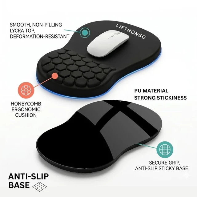 Alt view image 7 of 7 - LIFTHONSO Mouse Pad with Wrist Rest, Ergonomic Memory Foam Wrist Support, Honeycomb Cushion Design, Non-Slip Base, Computer Desk Mouse Pad for Office, Home & Gaming