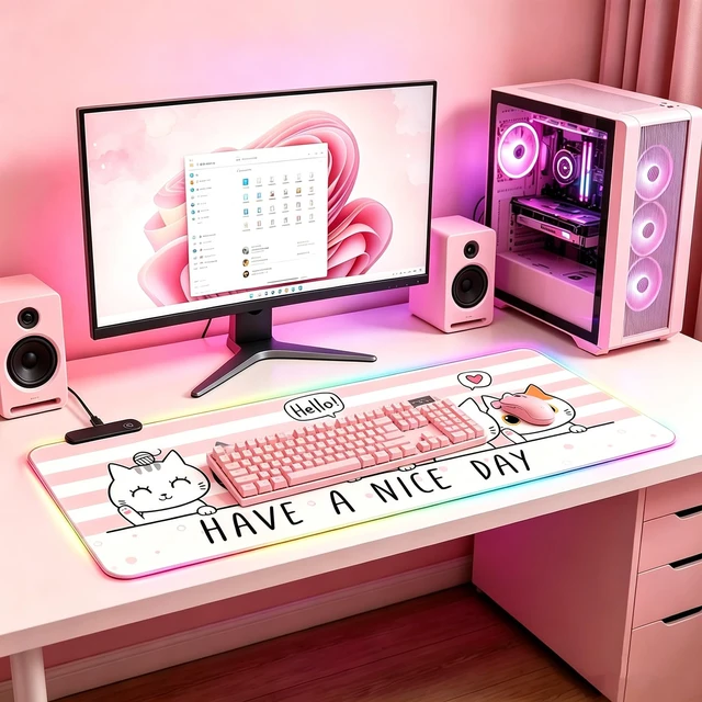 Alt view image 3 of 7 - RGB Large Gaming Mouse Pad, Extended Mouse Pad with 12 Lighting Effects, Water Proof Mutispandex Surface, Non-Slip Rubber Base, 80x30 cm / 31.5×11.8 in (Cat)