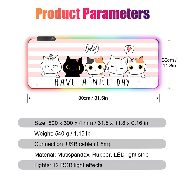 Alt view image 7 of 7 - RGB Large Gaming Mouse Pad, Extended Mouse Pad with 12 Lighting Effects, Water Proof Mutispandex Surface, Non-Slip Rubber Base, 80x30 cm / 31.5×11.8 in (Cat)