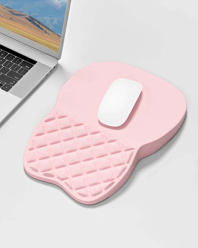Alt view image 6 of 7 - Auhoahsil Ergonomic Mouse Pad with Wrist Rest, Comfortable Slope Computer Mouse Mat with Wrist Support, Memory Foam Filling, Non-Slip Silicone Base, Pain Relief for Gaming Work, 8" x 12", Light Pink