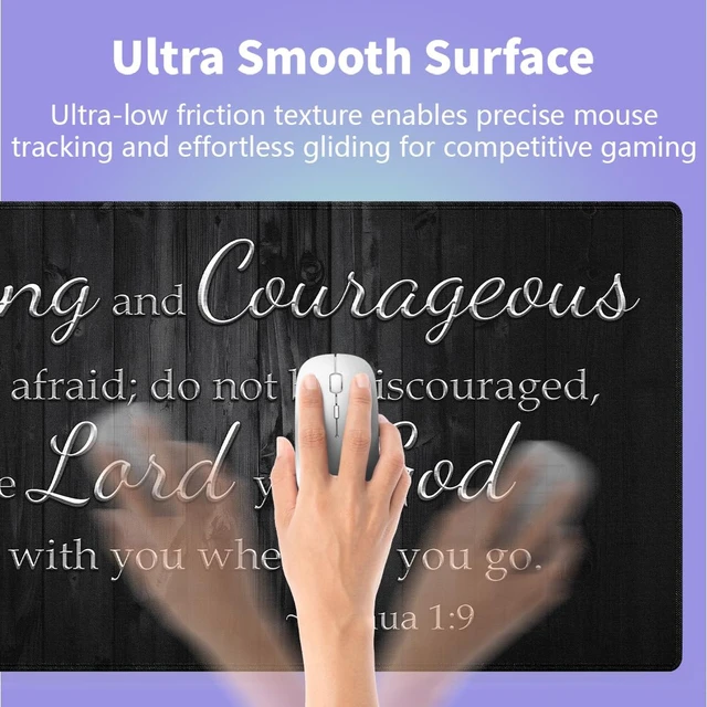Alt view image 4 of 6 - Be Strong and Courageous Joshua 1:9 Large Mouse Pad, Rustic Wood Desk Mat | Keyboard Mat Stitched, 31.5" x 15.8", Christian Bible Verse Scripture, Inspirational Faith Quote, Religious, Black White