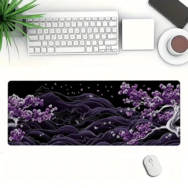 Alt view image 2 of 7 - Purple Cherry Blossoms Gaming Mouse Pad, Black and White Japanese Wave Mouse Pad Large Mousepad Extended Laptop Keyboard Mat Gaming Mouse Pad, Office Computer Keyboard Laptop Home, 31.5x11.8