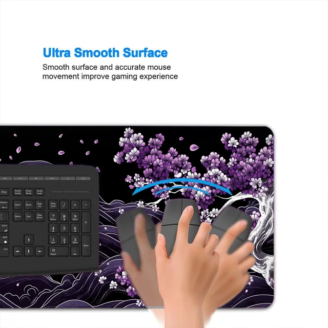 Alt view image 4 of 7 - Purple Cherry Blossoms Gaming Mouse Pad, Black and White Japanese Wave Mouse Pad Large Mousepad Extended Laptop Keyboard Mat Gaming Mouse Pad, Office Computer Keyboard Laptop Home, 31.5x11.8